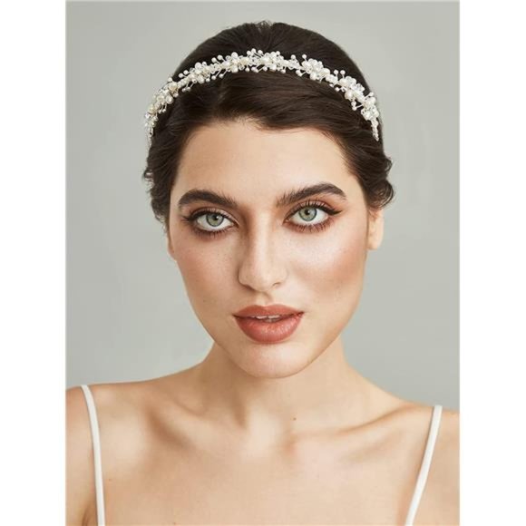 SWEETV Silver Bridal Headband Crystal Tiara for Women Pearl Wedding Headpieces main image 4